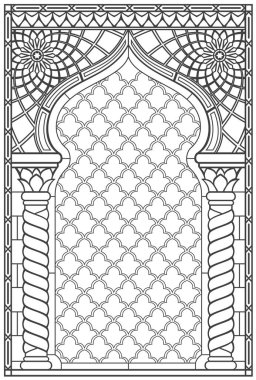 Stained glass window with oriental arch ornament. Vector template. clipart