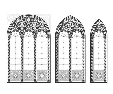 Gerçekçi Gotik Ortaçağ vitray penceresi. Geçmişi ya da dokusu. Mimari unsur. Ortaçağ Gotik vitray katedral penceresi seti