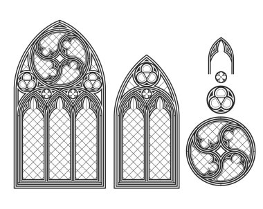 Gerçekçi Gotik Ortaçağ vitray penceresi. Geçmişi ya da dokusu. Mimari unsur. Ortaçağ Gotik vitray katedral penceresi seti