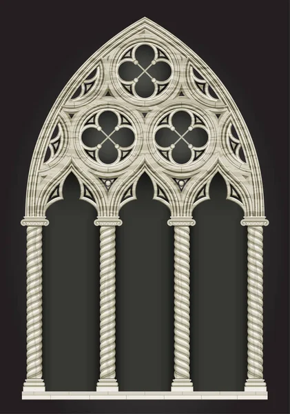 Ρεαλιστικός Γοτθικός Καθεδρικός Ναός Μεσαιωνικό Βιτρό Παράθυρο Και Πέτρινη Αψίδα — Διανυσματικό Αρχείο
