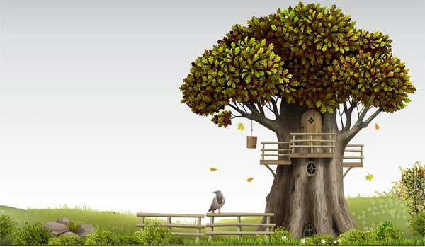 Казкове Дубове Дерево Вигляді Будинку Векторна Графіка Дерев Яний Будинок — стоковий вектор