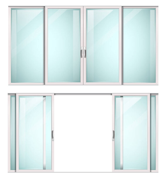 Modern sliding metal white door or window. Vector with transparent glass