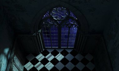 3 boyutlu illüstrasyon. Büyük gotik pencereli terk edilmiş bir kale gün batımının ışınları. Katedral ortaçağ mimarisi