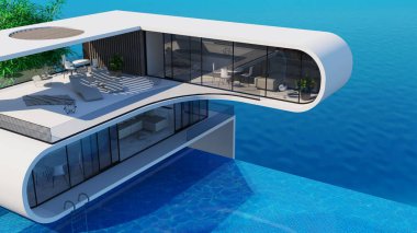 3 boyutlu illüstrasyon. Yüzme havuzlu modern deniz manzaralı villa kavramı. Minimalizm tarzı, yapıcılık