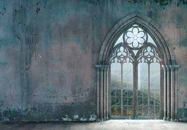 3 boyutlu illüstrasyon. Büyük gotik pencereli terk edilmiş bir kale gün batımının ışınları. Katedral ortaçağ mimarisi