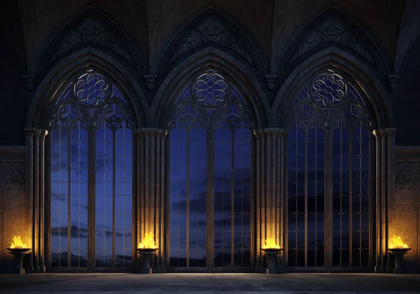 Illustration Verlassene Burg Mit Einem Großen Gotischen Fenster Die Strahlen — Stockfoto