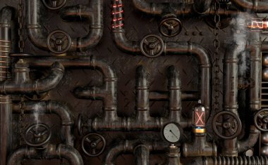 3 boyutlu illüstrasyon. Arka plandaki karanlık duvar tavan arası, borulardan gelen steampunk lamba. Pankart ya da maket.