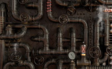 3d illustration. Background dark wall loft steampunk lamp from pipes. Banner or mock up. clipart