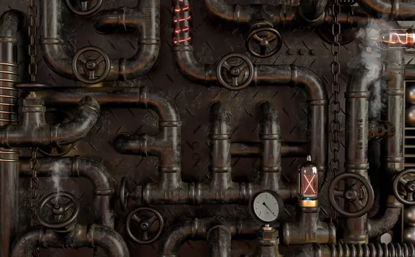 3 boyutlu illüstrasyon. Arka plandaki karanlık duvar tavan arası, borulardan gelen steampunk lamba. Pankart ya da maket.