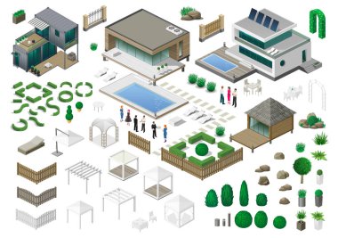 Çevresi için kurucu. Peyzaj öğeleri taşlar ve bitkiler Bahçe veya park tasarım kümesi. Vektör grafikleri. Mimari itmeyi