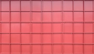 3 boyutlu illüstrasyon. Kırmızı metal tavan arası panellerinden yapılmış bir duvar. Endüstriyel geçmiş. Grunge.