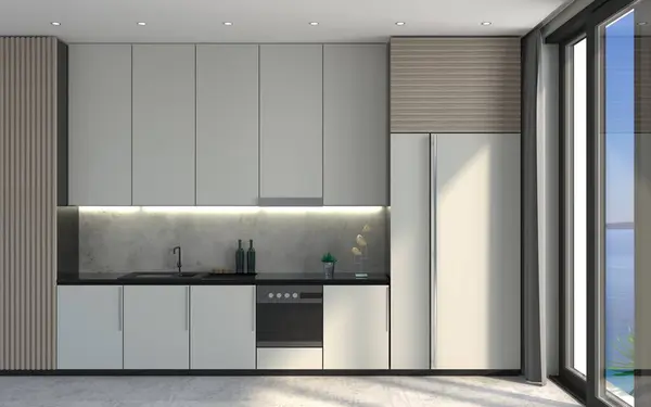3d illustration. Modern white kitchen scandinavian style loft facade