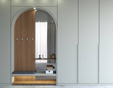 3 boyutlu illüstrasyon. Modern beyaz gardırop ve minimalist kapılar. Mobilya