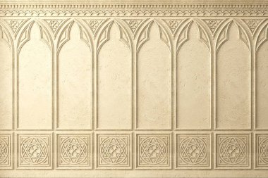 3d illustration. Classic cabinet or castle wall made of gothic wood paneling