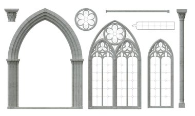 Üç boyutlu illüstrasyon. Gotik katedral pencere ögeleri dokusu kümesi