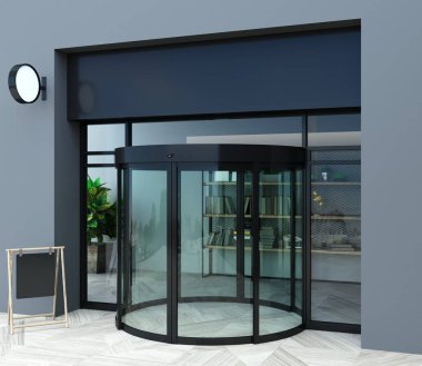 3d illüstrasyon. Modern bir alışveriş merkezi veya istasyonun un cephesi, otomatik yarım yuvarlak kapılara sahip bir havaalanı.