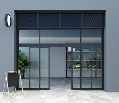 Üç boyutlu illüstrasyon. Modern bir alışveriş merkezi ya da istasyonun ön cephesi, otomatik sürgülü kapıları olan bir havaalanı..