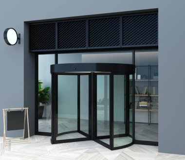 Üç boyutlu illüstrasyon. Modern bir alışveriş merkezi ya da istasyonun ön cephesi. Otomatik kapıları olan bir havaalanı..