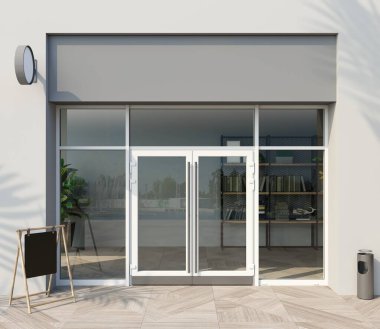 3d illüstrasyon. Modern bir alışveriş merkezi veya istasyonun un cephesi, modern beyaz ofis giriş kapısına sahip bir havaalanı