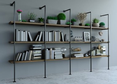 3 boyutlu illüstrasyon. Çatı katı tarzında modern iç mimari, eski duvar. Mobilyalar ve raflar. Kitaplık. Yaratıcılık Stüdyosu