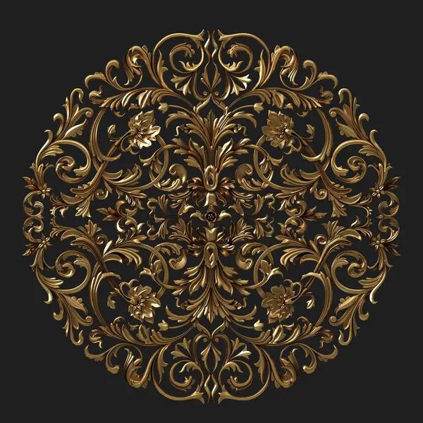 3d illustration. Circular gold carved baroque ornament