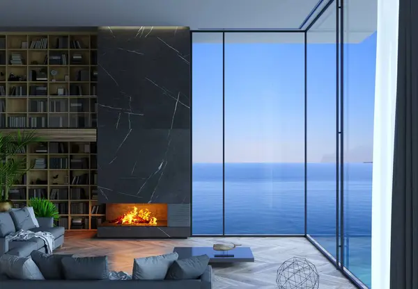 3d illustration. Interior of a modern luxury sea villa