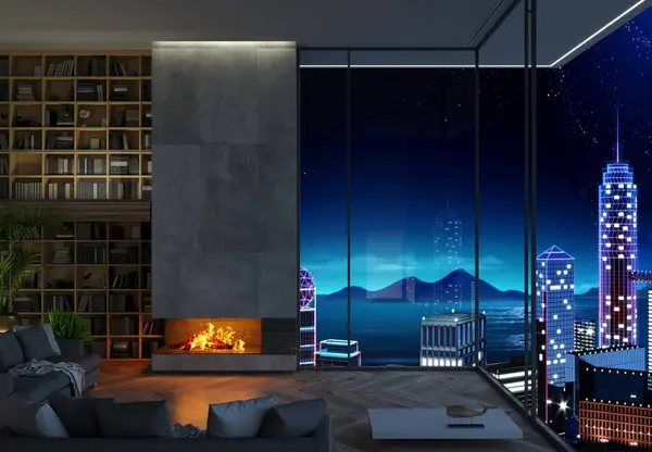 3d illustration. Interior of a modern night luxury city villa