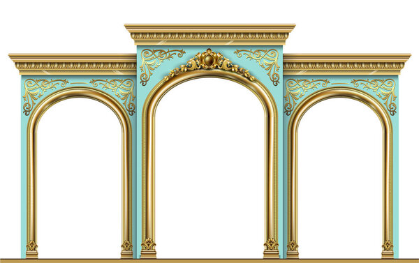 Triumphal Arch. Golden luxury classic arch with columns. The portal in Baroque style. The entrance to the fairy Palace