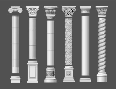 Vektör grafikleri ve farklı stillerde klasik antika mermer sütunlar