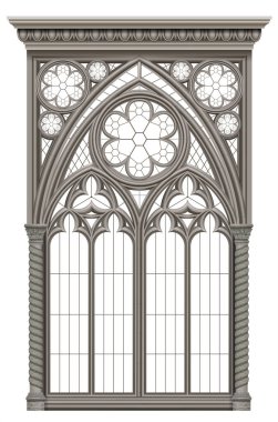 Gerçekçi Gotik katedral ortaçağ vitray penceresi ve taş kemer. Geçmişi ya da dokusu. Mimari element