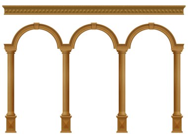 Sütunları içeren portal kapı ahşap Klasik vintage kemer. Vektör grafikleri. Girişinde cephe veya çerçeveleme mobilya.