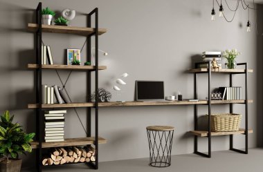 3 boyutlu illüstrasyon. İş yeri dolabı ya da çatı katı tarzında bir ofis. Dolap rafı ve masa.