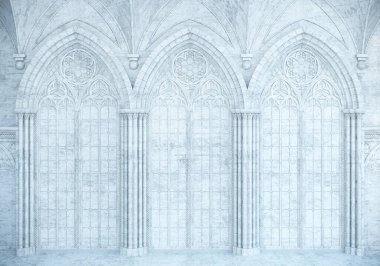 3 boyutlu illüstrasyon. Büyük bir gotik penceresi ya da mahzeni olan terk edilmiş bir gece kalesi. Katedral ortaçağ mimarisi