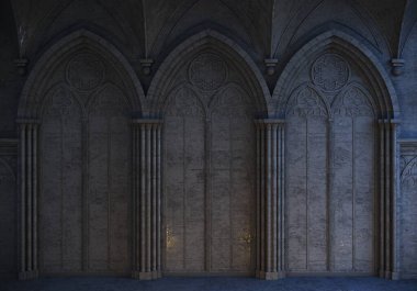3 boyutlu illüstrasyon. Büyük bir gotik penceresi ya da mahzeni olan terk edilmiş bir gece kalesi. Katedral ortaçağ mimarisi
