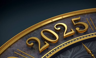3 boyutlu illüstrasyon. Altın numara 2025, yakın plan. Yeni yıl. Geçmiş ya da kartpostal. Mücevherler. Arama veya takvimi izle