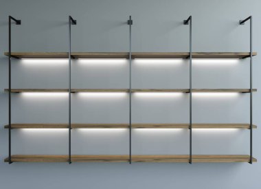 3 boyutlu illüstrasyon. Mobilyalı duvar arkaplanı ışıklandırmalı rafları gösteriyor. İç mobilyalar