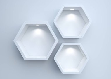 3 boyutlu illüstrasyon. Mobilyalı duvar arkaplanı ışıklandırmalı rafları gösteriyor. İç mobilyalar