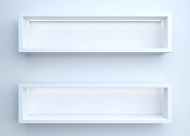 3 boyutlu illüstrasyon. Mobilyalı duvar arkaplanı ışıklandırmalı rafları gösteriyor. İç mobilyalar