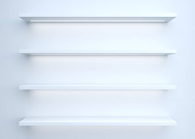 3 boyutlu illüstrasyon. Mobilyalı duvar arkaplanı ışıklandırmalı rafları gösteriyor. İç mobilyalar