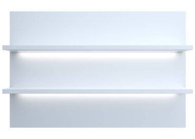 3 boyutlu illüstrasyon. Mobilyalı duvar arkaplanı ışıklandırmalı rafları gösteriyor. İç mobilyalar