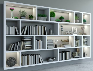 3 boyutlu illüstrasyon. Çatı katı tarzında modern iç mimari arka plan beyaz duvar. Mobilyalar ve raflar. Kitaplık. Yaratıcılık Stüdyosu