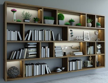 3 boyutlu illüstrasyon. Çatı katı tarzında modern iç mimari arka plan beyaz duvar. Mobilyalar ve raflar. Kitaplık. Yaratıcılık Stüdyosu