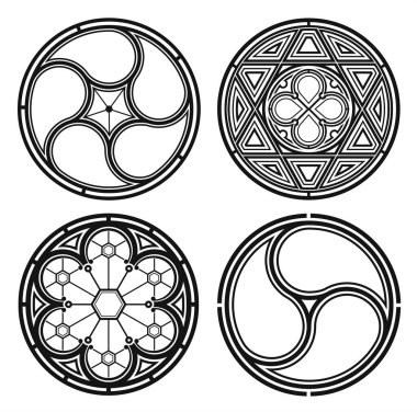 Gotik pencerelerin etrafındaki katedralin vektör siluetleri. Demirleme ya da boyalı cam..