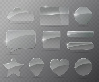 Cam simgeler veya mavi bir arka plan üzerinde geometrik şekiller kümesi. Şeffaflık etkisi ile vektör grafikleri.