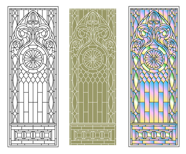 Vector elements. Blank for a classic stained-glass window with floral ornaments. Classic stained glass for a door or window