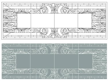 Vektör elementleri. Çiçekli süslemeli klasik bir vitray penceresi için boş. Bir kapı ya da pencere için klasik vitray.