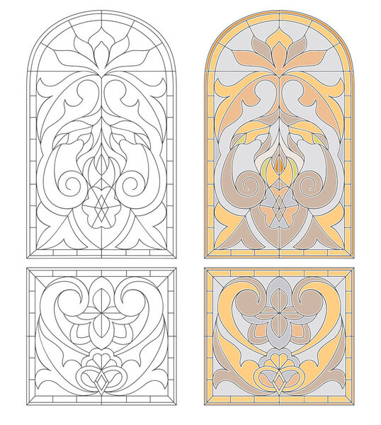 Vector elements. Blank for a classic stained-glass window with floral ornaments. Classic stained glass for a door or window