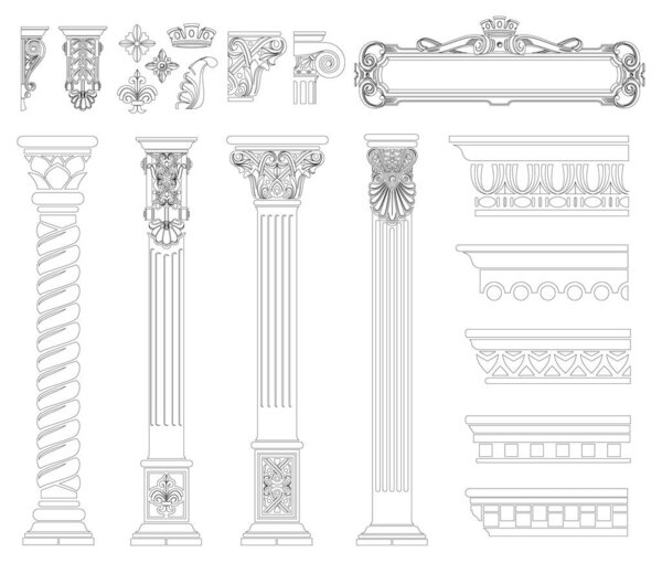 Набор силуэтов классические винтажные капители, колонны, карнизы, кронштейны. Набор шаблонов в векторной графике