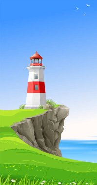 Uçurumun kenarındaki deniz feneri. Doğayla vektör sancak manzarası