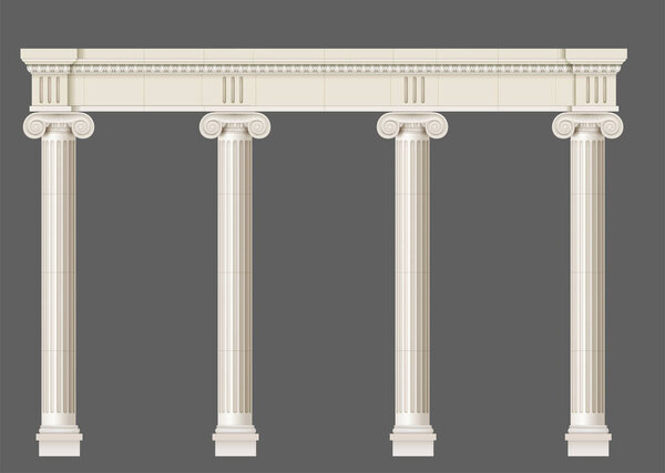 Antique white colonnade with Ionic columns. Three arched entrance or niche. Vector graphics